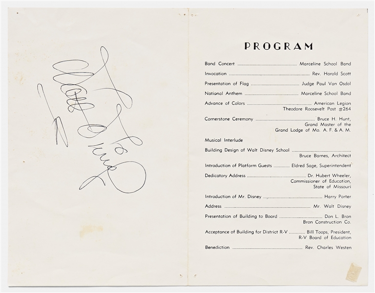 Walt Disney Signed Program to the Dedication of the Walt Disney Elementary School in His Hometown of Marceline, Missouri -- Without Inscription