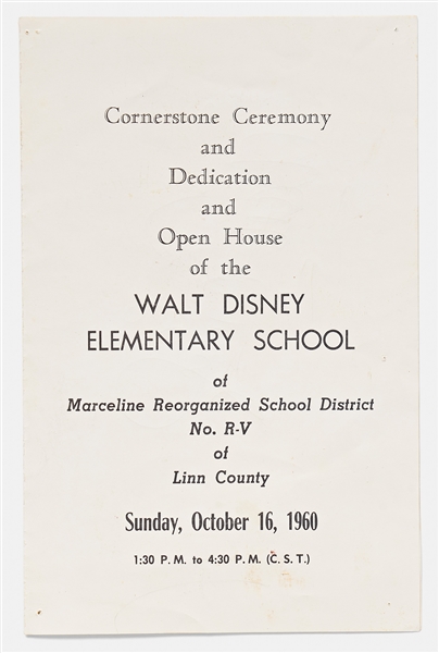 Walt Disney Signed Program to the Dedication of the Walt Disney Elementary School in His Hometown of Marceline, Missouri -- Without Inscription