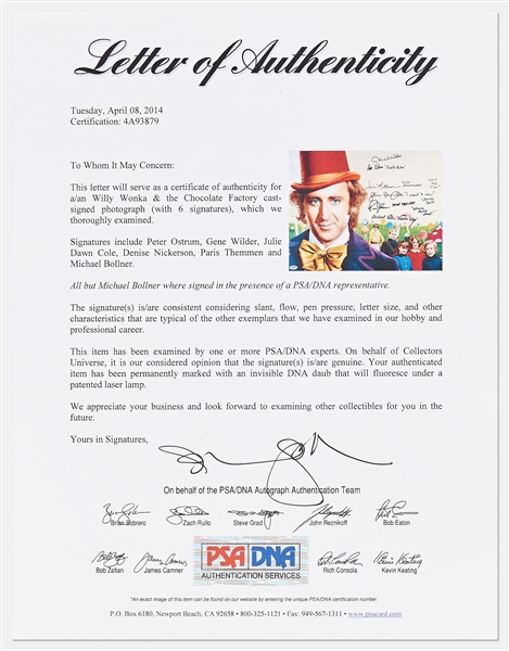 Willy Wonka Cast-Signed 20'' x 16'' Photo -- With PSA/DNA COA for All Six Signatures