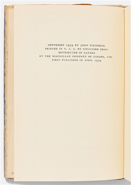 John Steinbeck's ''The Grapes of Wrath'' First Printing in First Printing Dust Jacket -- Near Fine Condition