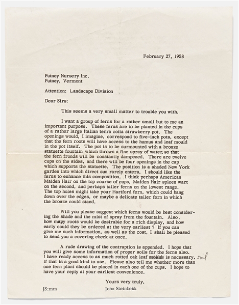 John Steinbeck Typed Letter Requesting Landscaping for His Property