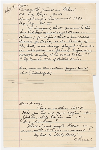Elaine Steinbeck Autograph Note Signed Regarding Arthurian Music