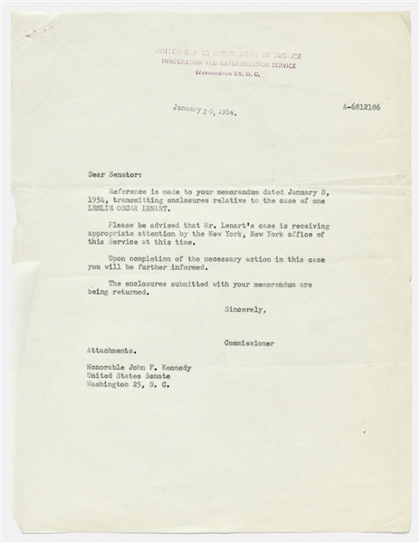 John F. Kennedy Note Signed as U.S. Senator -- With University Archives COA
