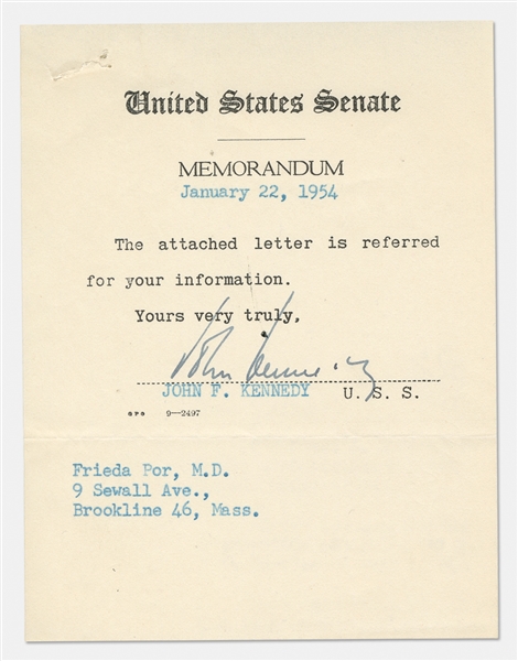 John F. Kennedy Note Signed as U.S. Senator -- With University Archives COA