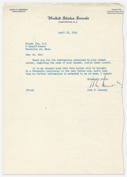 John F. Kennedy Letter Signed as U.S. Senator -- With University Archives COA