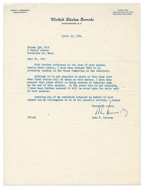 John F. Kennedy Letter Signed as U.S. Senator -- With University Archives COA