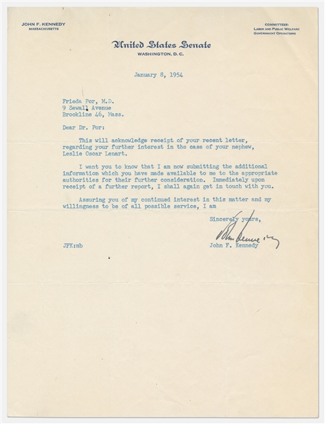 John F. Kennedy Letter Signed as U.S. Senator -- With University Archives COA