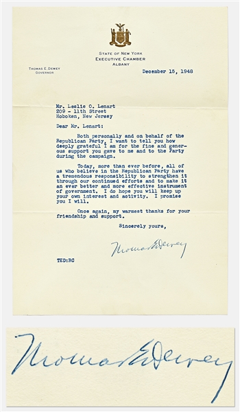 Thomas Dewey Letter Signed as New York Governor, Thanking an Individual for a Donation to the Republican Party