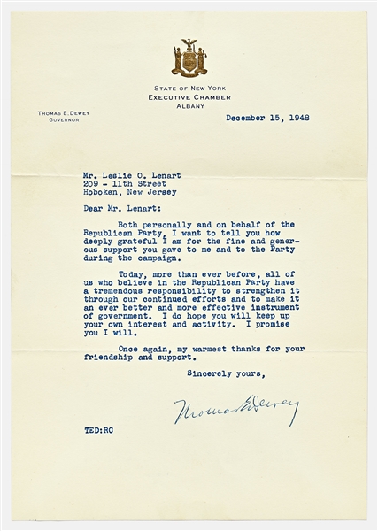 Thomas Dewey Letter Signed as New York Governor, Thanking an Individual for a Donation to the Republican Party