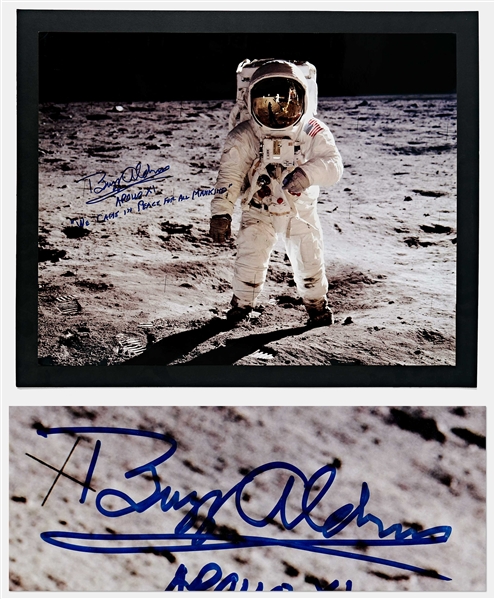 Buzz Aldrin Signed 20'' x 16'' ''Visor'' Photo -- ''We Came in Peace for all Mankind''