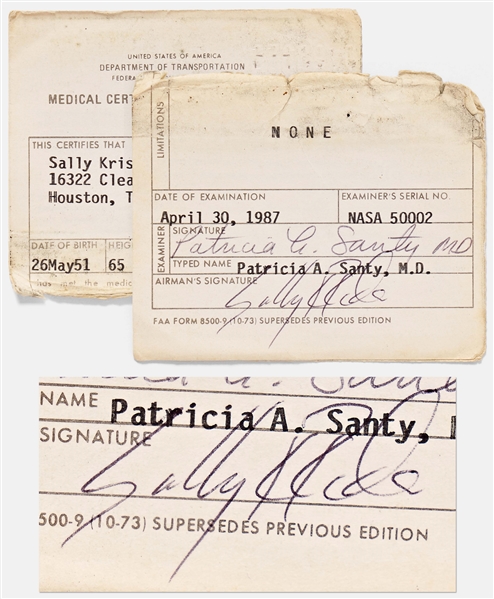 Sally Ride's Personally Owned and Signed NASA Medical Certificate