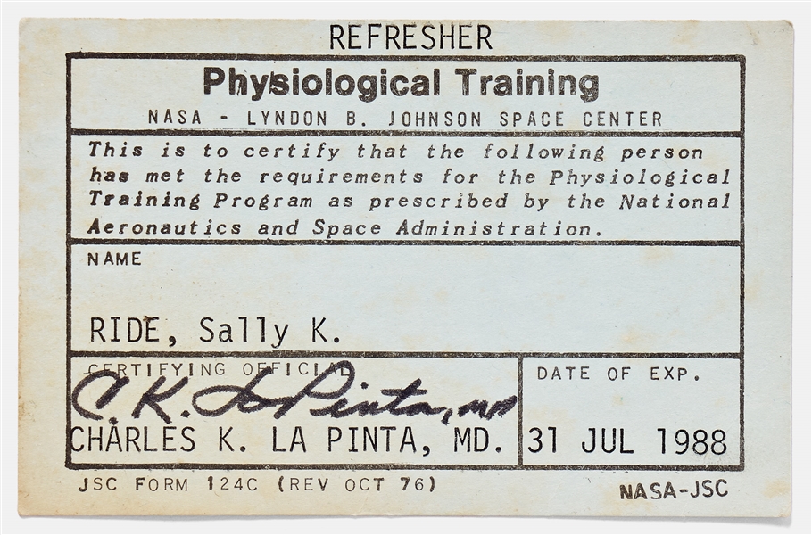 Sally Ride's Personally Owned NASA Physiological Training Card from 1988