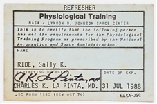 Sally Rides Personally Owned NASA Physiological Training Card from 1988