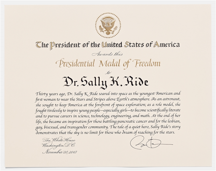 Presidential Medal of Freedom Certificate Awarded to Sally Ride -- Plus Invitations and Programs Related to the Ceremony