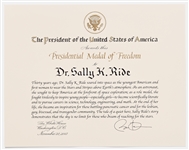 Presidential Medal of Freedom Certificate Awarded to Sally Ride -- Plus Invitations and Programs Related to the Ceremony