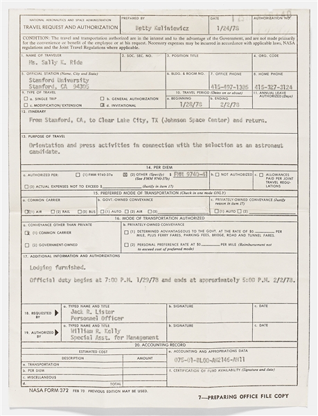 Sally Ride's Personally Owned NASA Orientation Paperwork Following Her Selection as Part of Astronaut Group 8