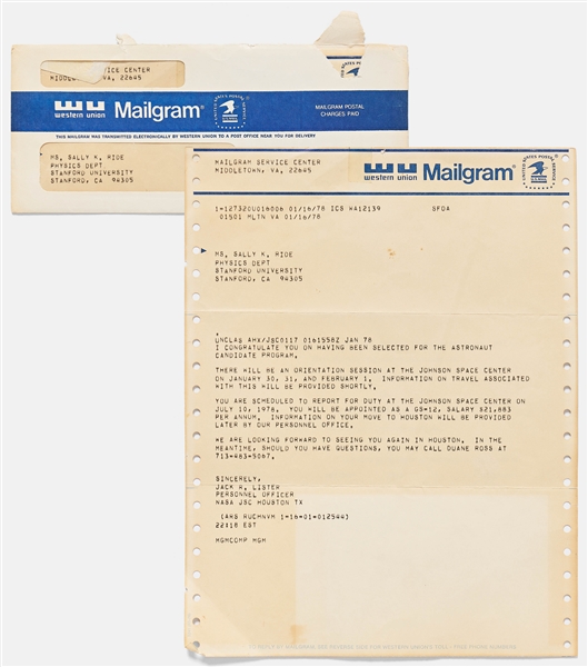 Sally Ride's Personally Owned NASA Acceptance Letter as One of the Group 8 Astronauts