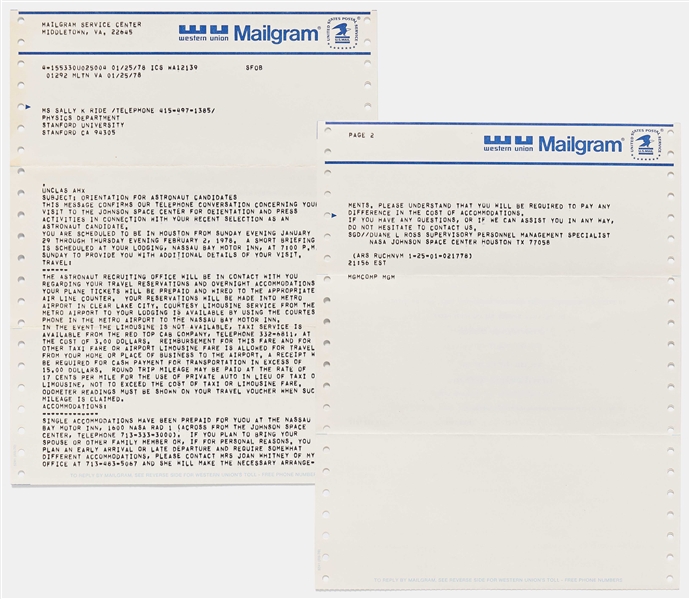 Sally Ride's Personally Owned NASA Letter from January 1978 Regarding Orientation for Astronaut Group 8