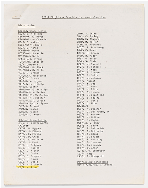 Sally Ride's Personally Owned Documents for the Launch Countdown of STS-7