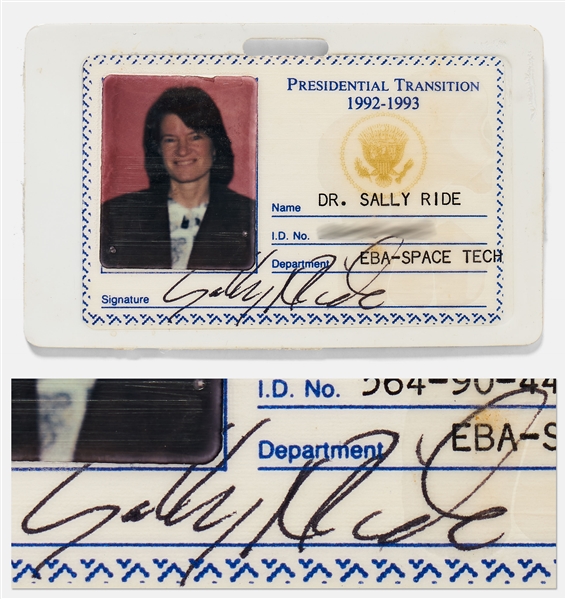 Sally Ride's Personally Owned and Signed ID Badge for Bill Clinton's Presidential Transition Team