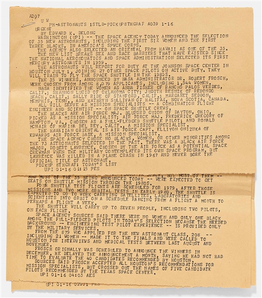 Sally Ride's Personally Owned News Feed Announcing Her Selection in NASA Astronaut Group 8