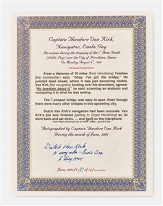 Dutch Van Kirk Signed Statement from ''Return of the Enola Gay'', Describing the Atomic Bomb Target in Hiroshima, Japan