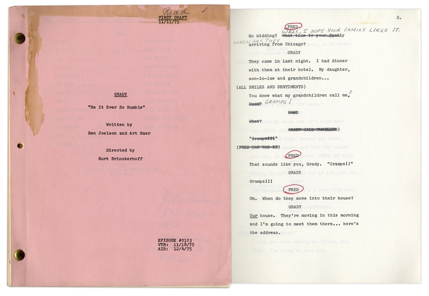 Series Premiere First Draft Script of Stanford & Son Spin-off Show, Grady -- Owned & Annotated by Redd Foxx Who Made Guest Appearance -- Very Good Condition -- From Redd Foxx Estate