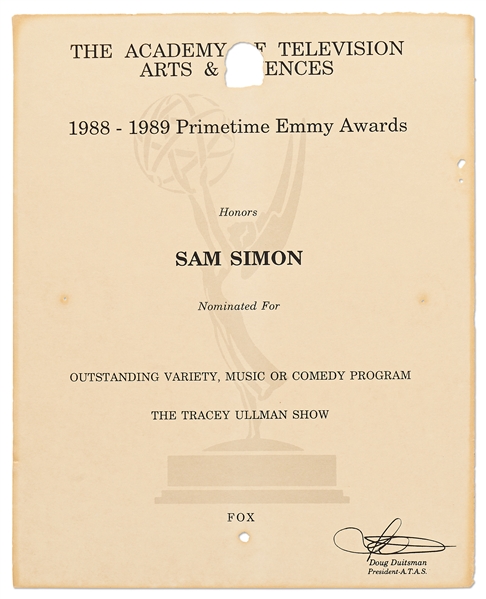 Emmy Nomination for The Tracey Ullman Show Given to Sam Simon in 1989 -- From the Sam Simon Estate