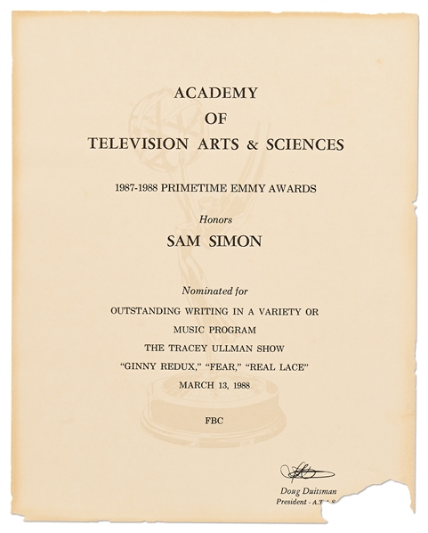 Emmy Nomination for The Tracey Ullman Show Given to Sam Simon in 1988 -- From the Sam Simon Estate