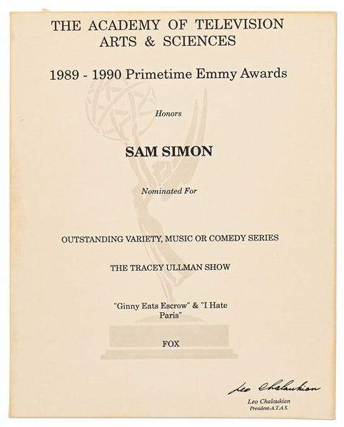 Emmy Nomination for The Tracey Ullman Show Given to Sam Simon in 1990 -- From the Sam Simon Estate