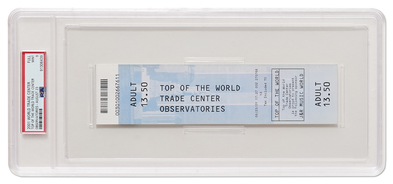 World Trade Center Ticket from 23 August 2001, Only 3 Weeks Before the 9/11 Attacks -- Graded Mint 9 by PSA/DNA