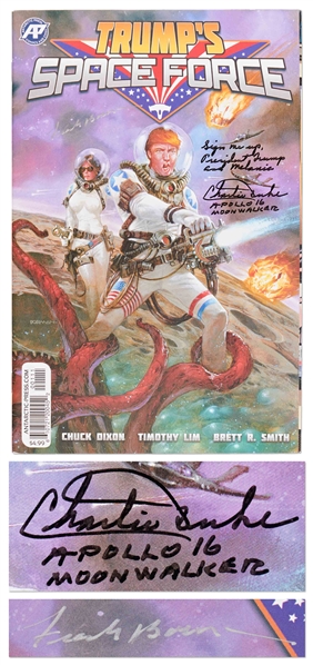 Apollo Astronauts Charlie Duke and Frank Borman Signed Copy of Trumps Space Force -- Duke Writes Sign me up, President Trump and Melania
