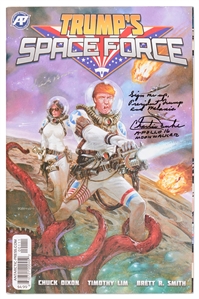 Apollo Astronauts Charlie Duke and Frank Borman Signed Copy of ''Trump's Space Force'' -- Duke Writes ''Sign me up, President Trump and Melania''