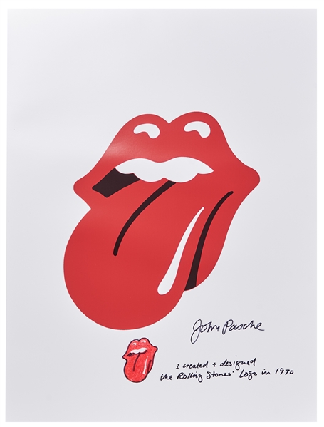 John Pasche Hand-Drawn and Signed Tongue and Lips Artwork on a Rolling Stones Lithograph Poster