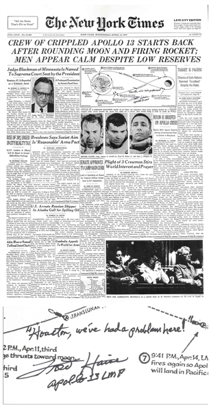 Fred Haise Signed New York Times Poster From 15 April 1970, Reporting on the Perilous Apollo 13 Mission -- Haise Also Writes, Houston, weve had a problem here!