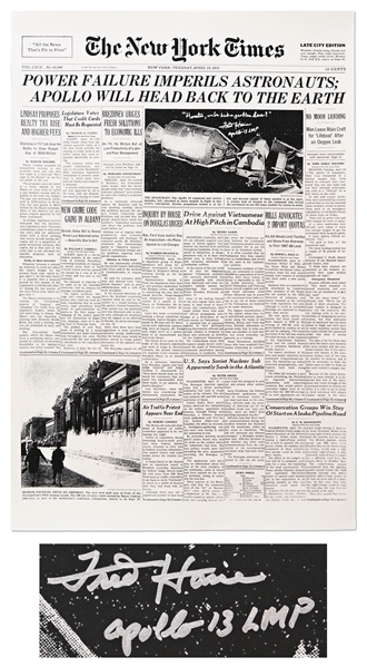 Fred Haise Signed New York Times Poster From 14 April 1970, With Dramatic Reporting on the Apollo 13 Disaster -- Haise Also Writes, Houston, weve had a problem here!