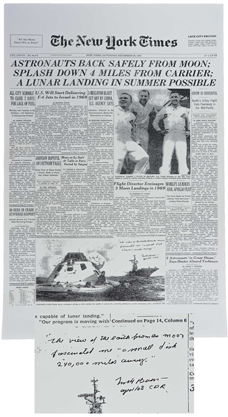 Frank Borman Signed New York Times Poster From 28 December 1968 After the Successful Return to Earth of Apollo 8 -- Borman Additionally Writes ...a small disk 240,000 miles away...