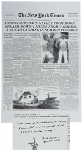 Frank Borman Signed New York Times Poster From 28 December 1968 After the Successful Return to Earth of Apollo 8 -- Borman Additionally Writes ...a small disk 240,000 miles away...