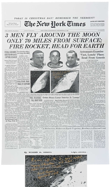 Frank Borman Signed New York Times Poster From Christmas 1968 -- Borman Additionally Writes From Apollo 8, good night, Merry Christmas and God Bless
