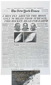 Frank Borman Signed New York Times Poster From Christmas 1968 -- Borman Additionally Writes From Apollo 8, good night, Merry Christmas and God Bless