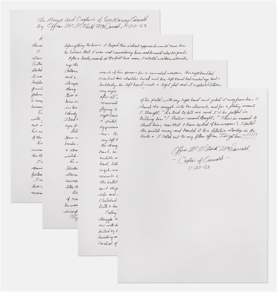 Lee Harvey Oswald Arrest Document Signed by Officer Nick McDonald, With Fascinating First-Hand Account of Oswalds Apprehension -- ...I stared into his icy cold, steel blue eyes...