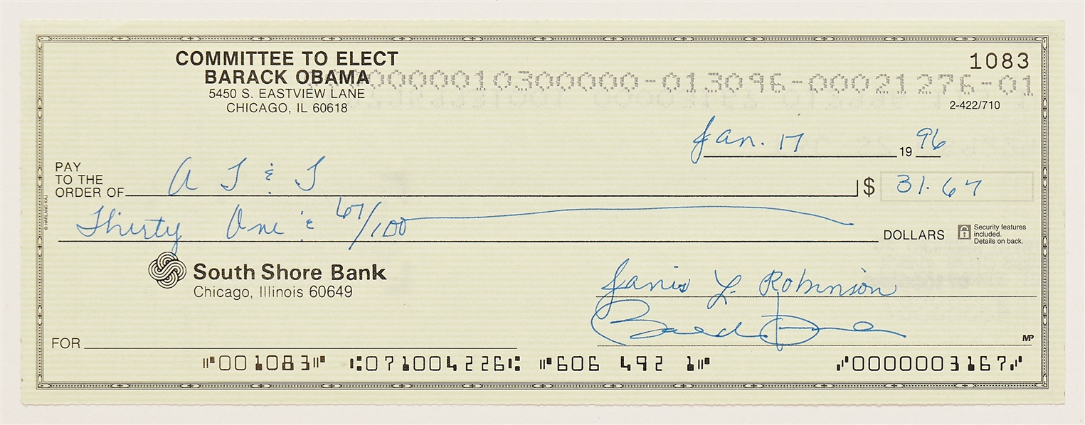 Barack Obama Check Signed from the Committee to Elect Barack Obama Bank Account