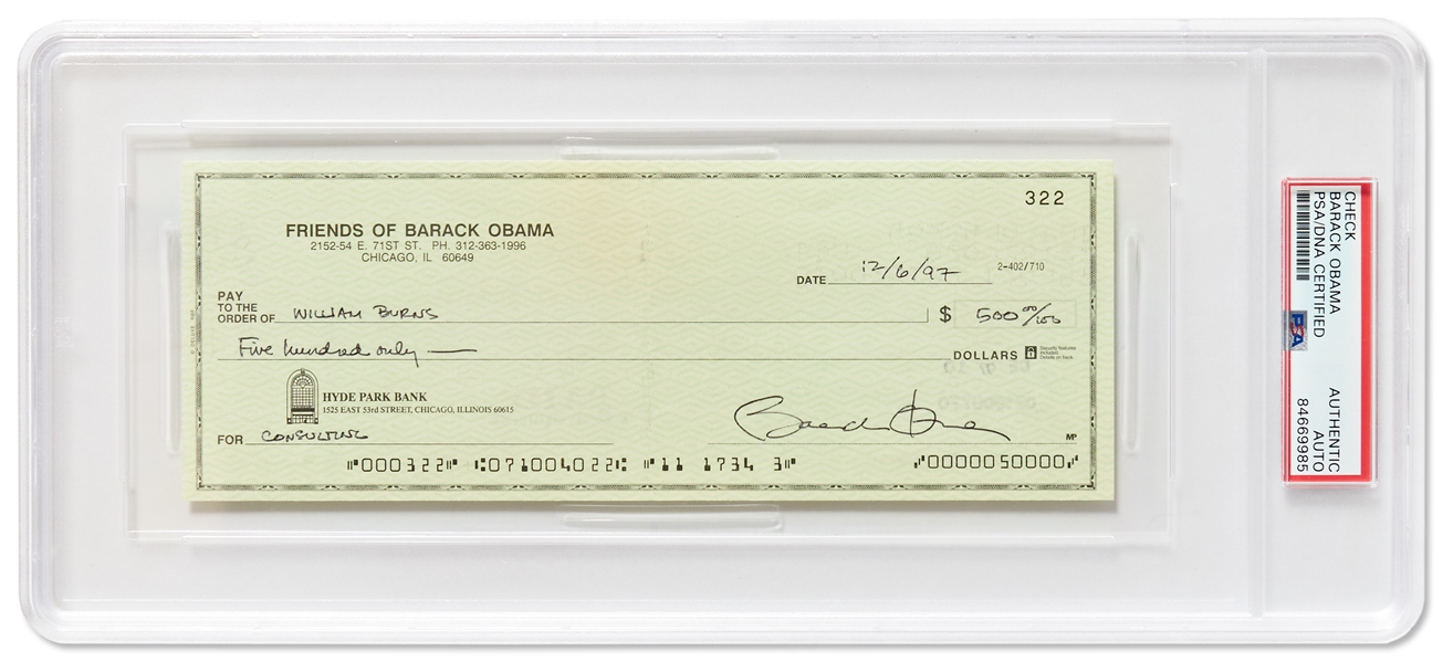 Barack Obama Handwritten & Signed Check from the Friends of Barack Obama Bank Account -- PSA/DNA Encapsulated