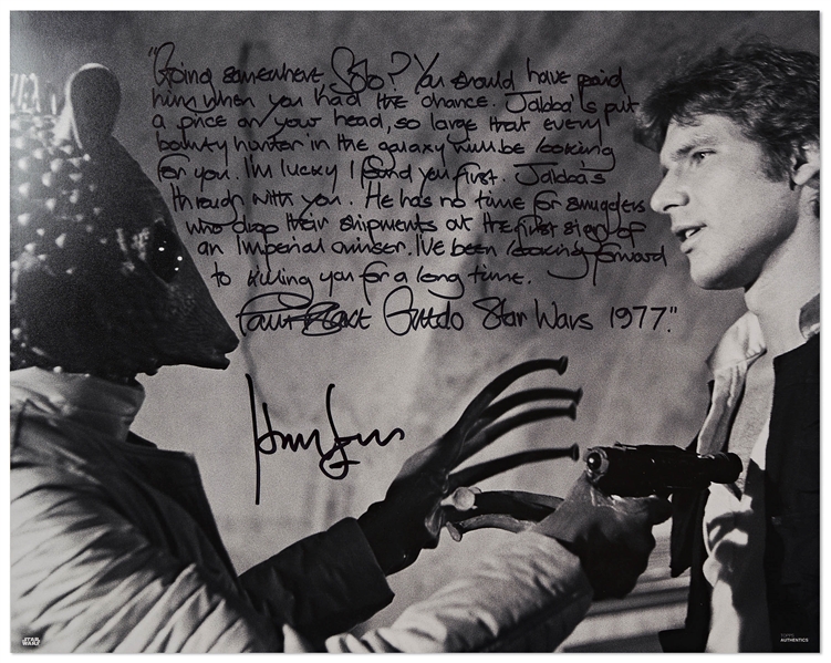 Harrison Ford & Paul Blake Signed 20 x 16 Photo From Star Wars -- One of the Most Memorable Scenes From the Film, With Blake Writing His Famous Monologue