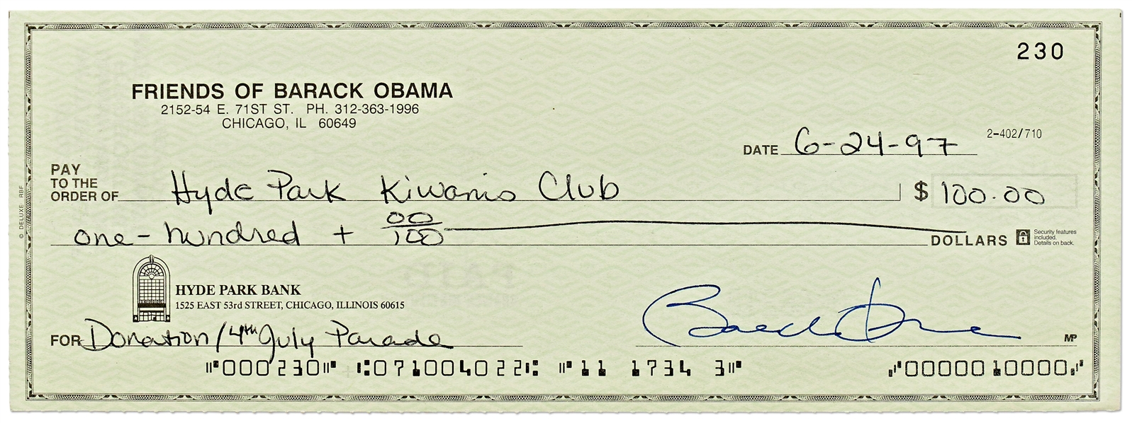 Barack Obama Check Signed from the Friends of Barack Obama Bank Account