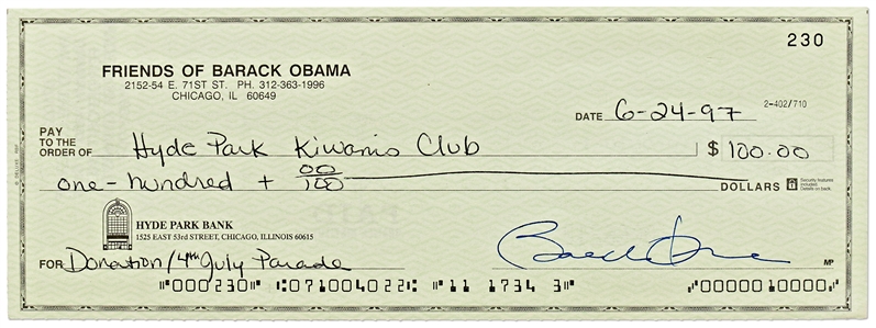 Barack Obama Check Signed from the Friends of Barack Obama Bank Account