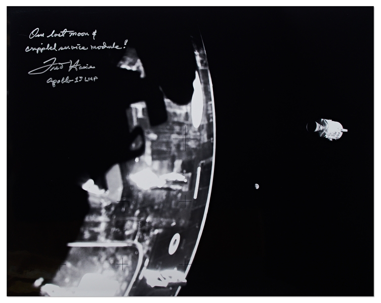Dramatic 20 x 16 Photo Signed by Fred Haise, Showing the Apollo 13 Damaged Service Module & Our Lost Moon in the Far Distance