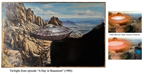 Matte Painting Screen-Used in ''The Twilight Zone'' Episode ''A Day in Beaumont'', Showing the Alien Spaceship -- Measures Over 5 x 3 Feet