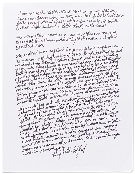Elizabeth Eckford Autograph Essay Signed Regarding Her First Day of School as Part of the Little Rock Nine When She Was Surrounded and Harassed by the White Mob