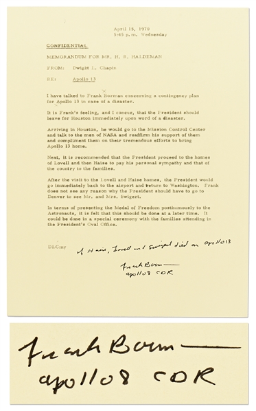 Frank Borman Signed Memo Describing the Presidential Contingency Plan for Apollo 13 -- Borman Writes, If Haise, Lovell and Swigert died on Apollo 13 -- With Novaspace COA